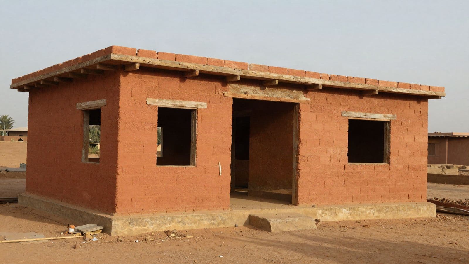 Maison de plain-pied dont les murs en blocs de terre cuite sont montés, sans toiture.