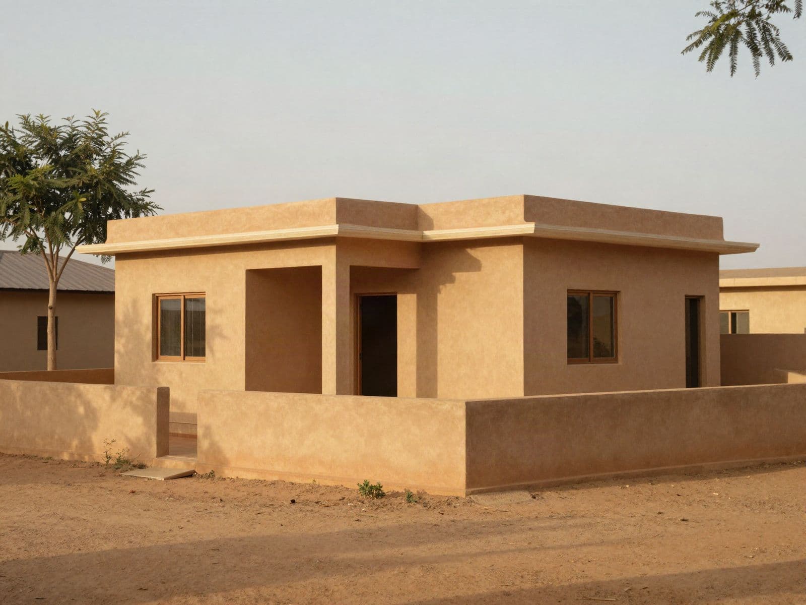Maison de plain-pied terminée et enduite, avec son mur de clôture, dans un lotissement.