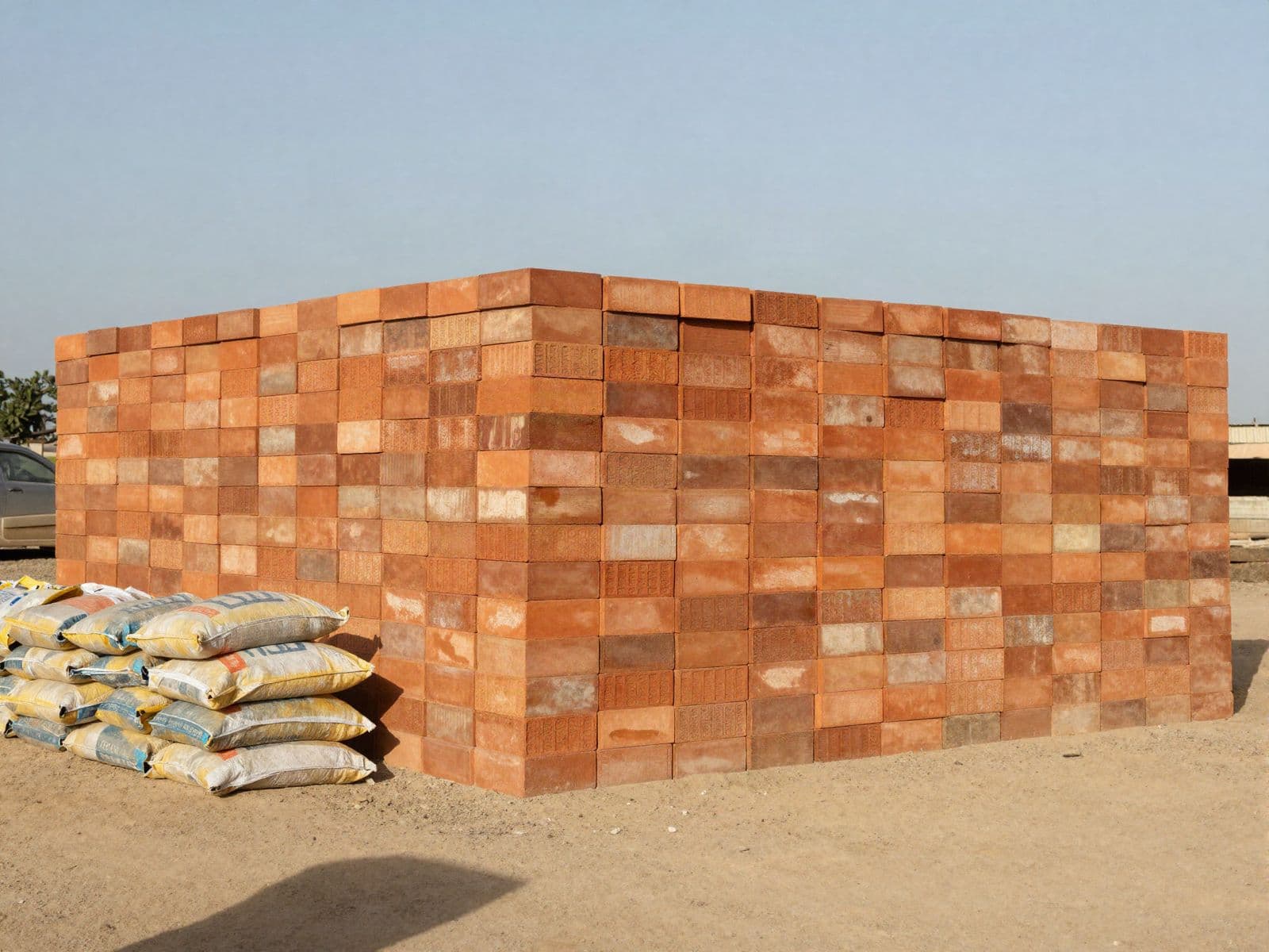 Blocs de construction empilés et sacs de ciment sur un chantier.