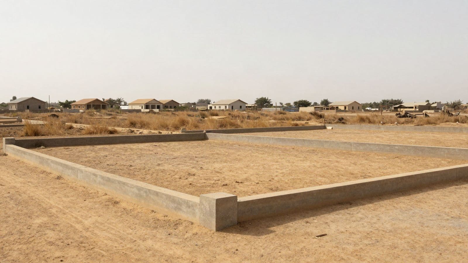 Parcelle nue avec ses fondations, maisons en construction à l'arrière-plan.