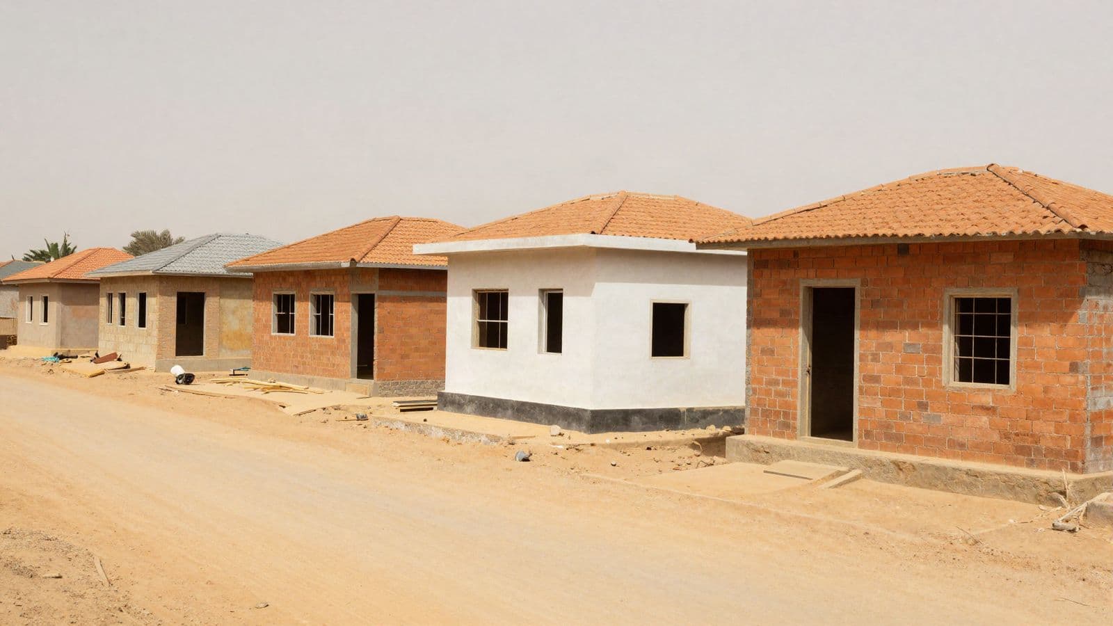 Rue bordée de maisons à trois stades différents de construction.