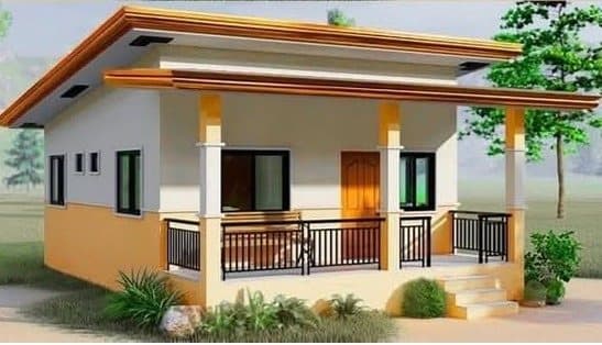 Vue en perspective du modèle F3 : maison de plain-pied avec véranda couverte et toiture à faible pente.