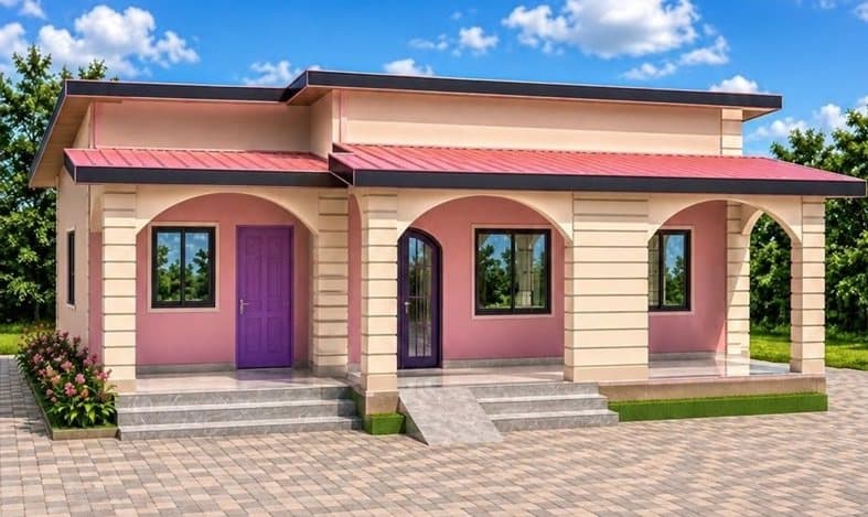 Vue en perspective du modèle F4 : maison de plain-pied plus large, galerie à arcades et toiture à deux pans.