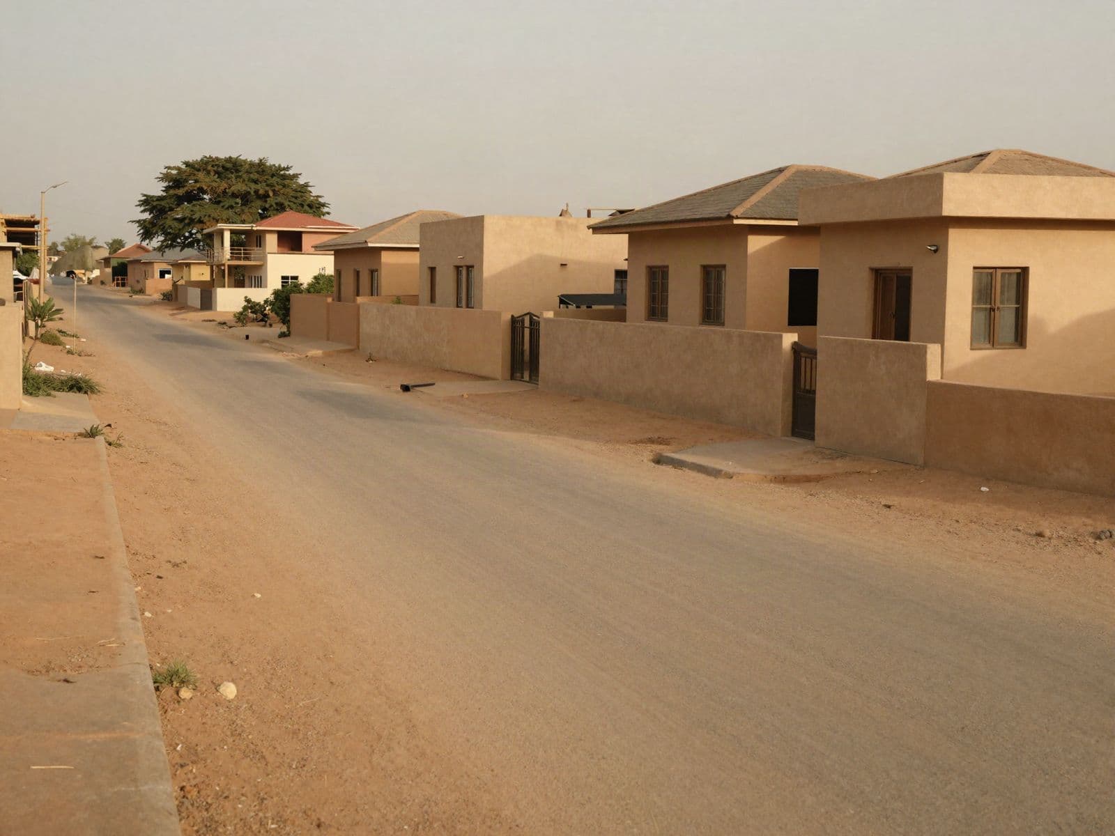 Rue d'un lotissement bordée de maisons terminées et de leurs murs de clôture.
